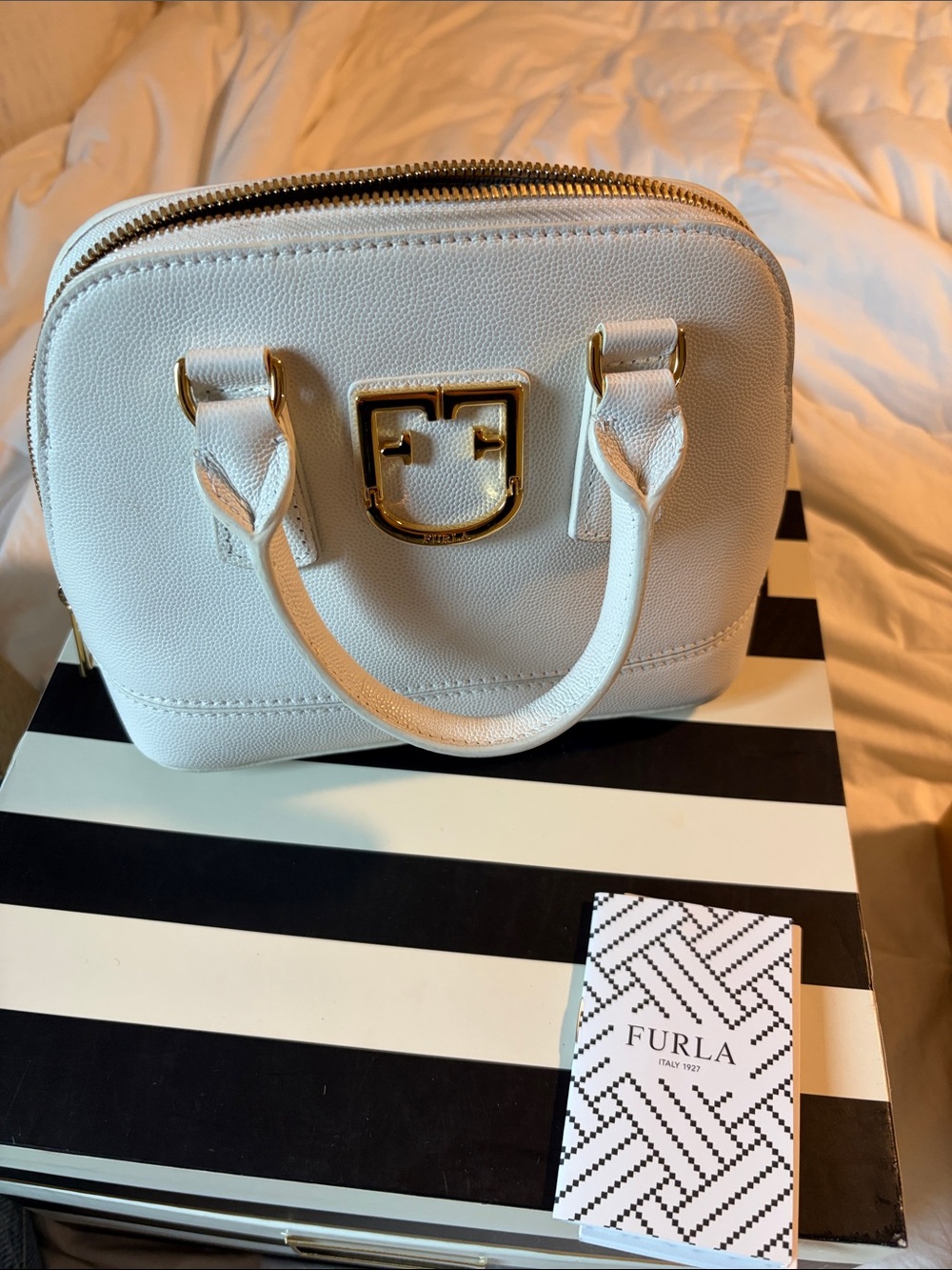 Furla White Dome Satchel with Gold Accents